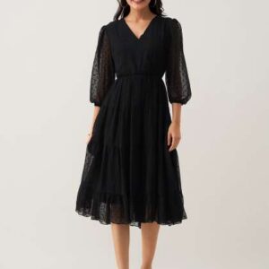 aask self design puff sleeve fit flare midi dress