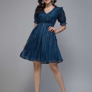 fabway clothing embellished puff sleeve georgette fit flare dress