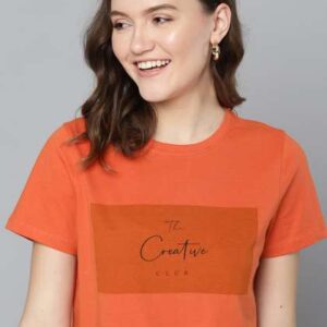 mast harbour women orange black typography print pure cotton tshirt