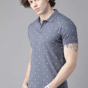 roadster men grey white pure cotton printed polo