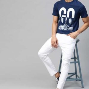 roadster men navy blue white printed round neck t