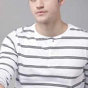 roadster men white navy blue pure cotton striped