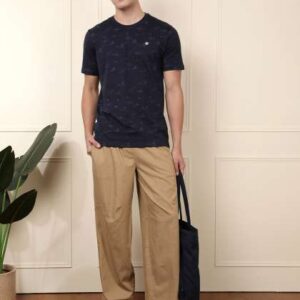 wrogn men navy blue printed round neck pure cotton