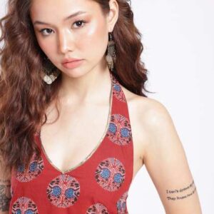 glitchez ethnic motifs printed plunge halter neck